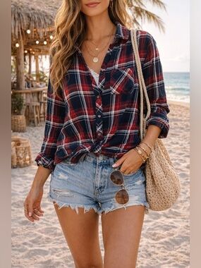 BeachLunchLounge Plaid Button Down Shirt Red Blue Lightweight Casual